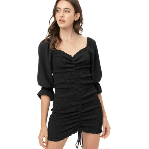 Women's Ruched Detail Long Sleeve Bodycon Dress, Black M