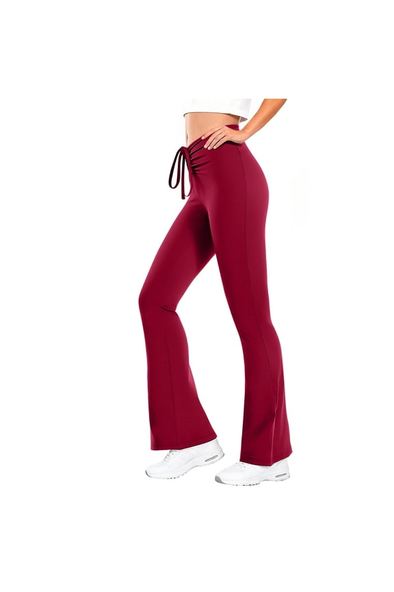 Women's Ruched Drawstring Flare Yoga Pants Soft Stretchy Loungewear Fitting Workout Leggings Daily Wear Red XL