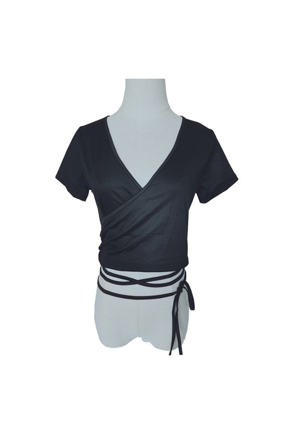 Women's Ruched Drawstring Front V Neck Crop Tee Top