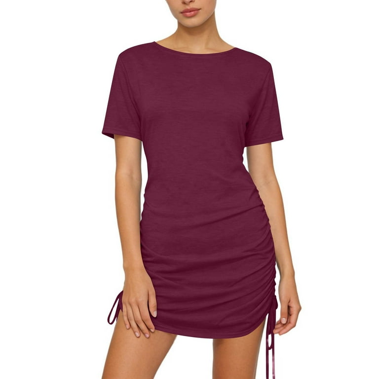 ruched mini dress short sleeve Short-Sleeve Ruched Mini Dress - Light Brown