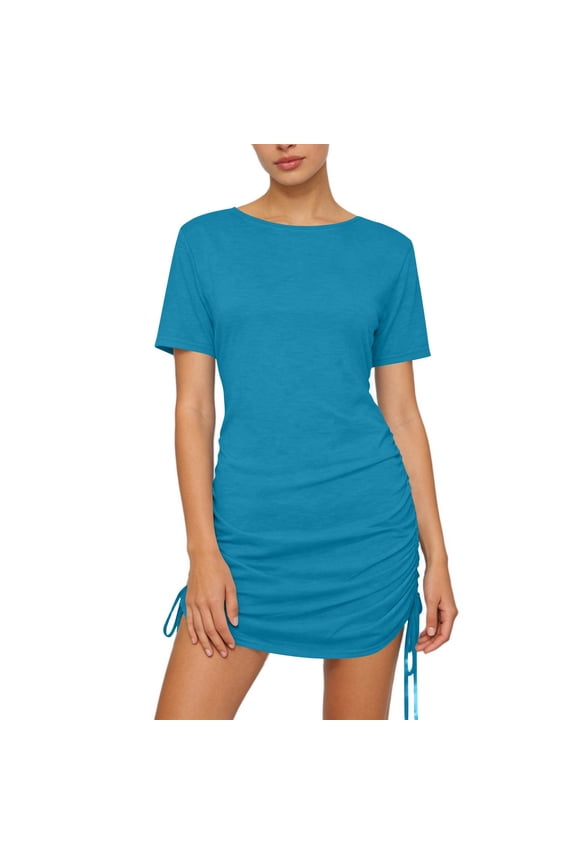 Women's Ruched Drawstring Short Sleeve Mini Dress Casual Wrap Style Soft Stretchy Fabric Multiple Colors