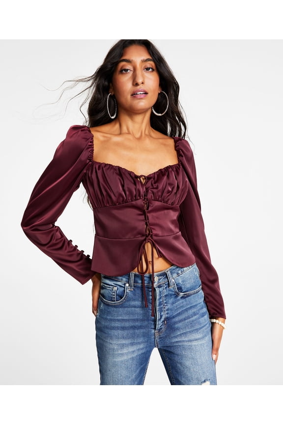 Women's Ruched Floral-Print Peplum Top Oxblood S