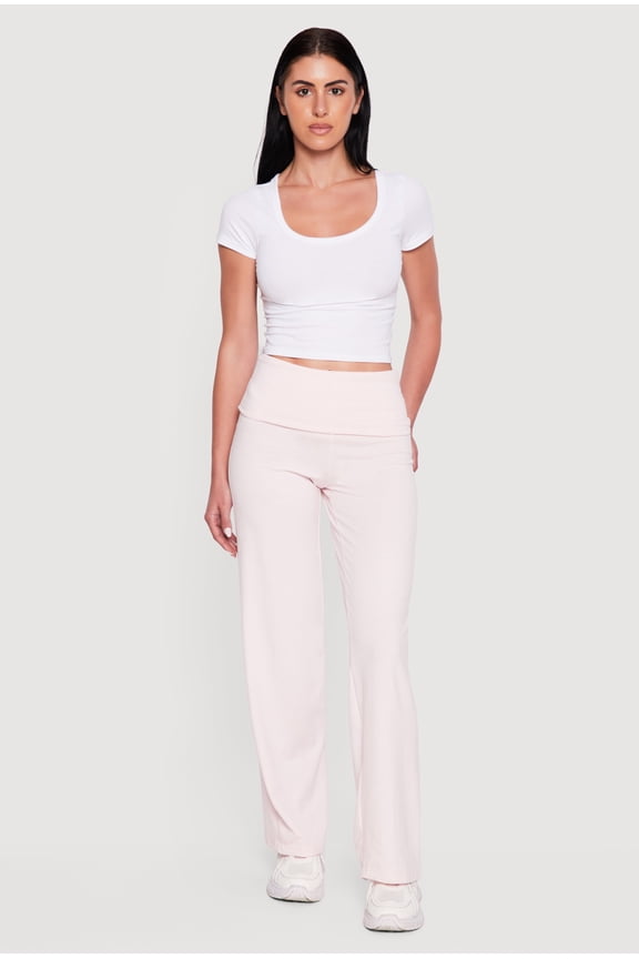 Women's Ruched Fold Over High Waisted Wide Leg Pull On Pants