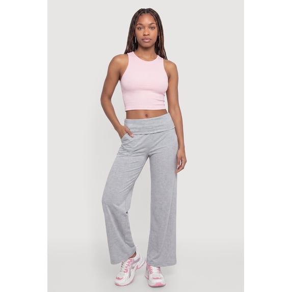Women's Ruched Fold Over High Waisted Wide Leg Pull On Pants