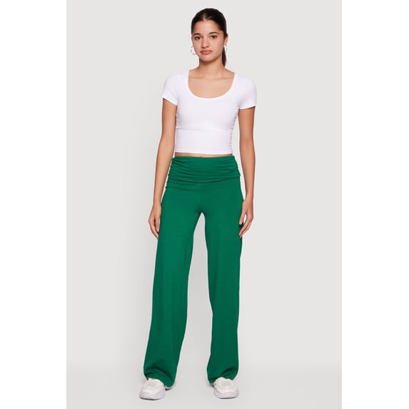 Women's Ruched Fold Over High Waisted Wide Leg Pull On Pants