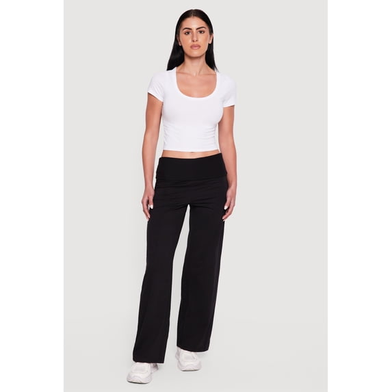 Women's Ruched Fold Over High Waisted Wide Leg Pull On Pants