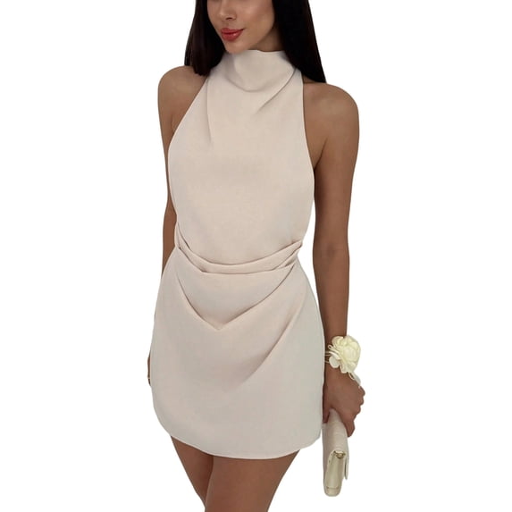 Women's Ruched Halter Sleeveless Mini Dress Tie Backless Bodycon Evening Party Cocktail Dresses Color S