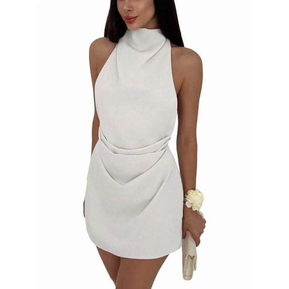 Women's Ruched Halter Sleeveless Mini Dress Tie Backless Bodycon Evening Party Cocktail Dresses White L