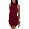 thumbnail image 1 of Women's Ruched Halter Sleeveless Mini Dress Tie Backless Bodycon Evening Party Cocktail Dresses Wine Red S, 1 of 9