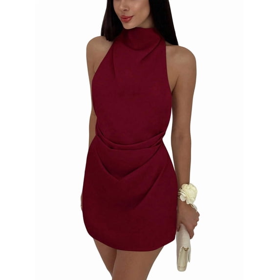 Women's Ruched Halter Sleeveless Mini Dress Tie Backless Bodycon Evening Party Cocktail Dresses Wine Red S