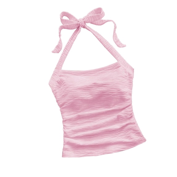 Women's Ruched Halter Tank Tops Y2K Crop Tube Tops Tie Back Sleeveless Slim Fit Cami Teen Girls Textured Square Neck Shirts