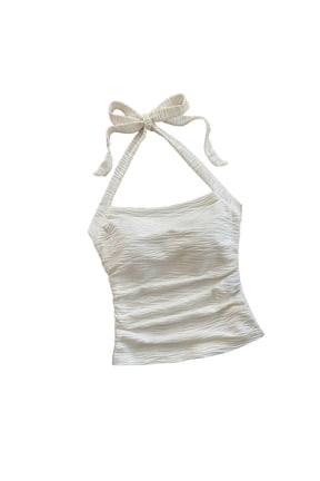Women's Ruched Halter Tank Tops Y2K Crop Tube Tops Tie Back Sleeveless Slim Fit Cami Teen Girls Textured Square Neck Shirts