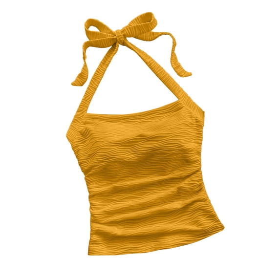 Women's Ruched Halter Tank Tops Y2K Crop Tube Tops Tie Back Sleeveless Slim Fit Cami Teen Girls Textured Square Neck Shirts