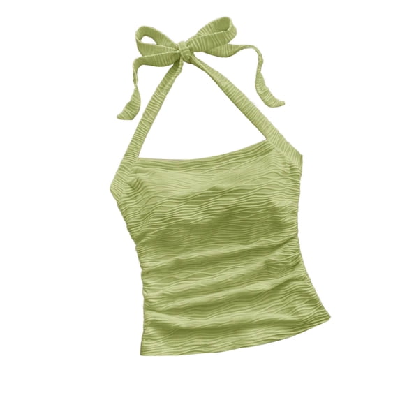 Women's Ruched Halter Tank Tops Y2K Crop Tube Tops Tie Back Sleeveless Slim Fit Cami Teen Girls Textured Square Neck Shirts