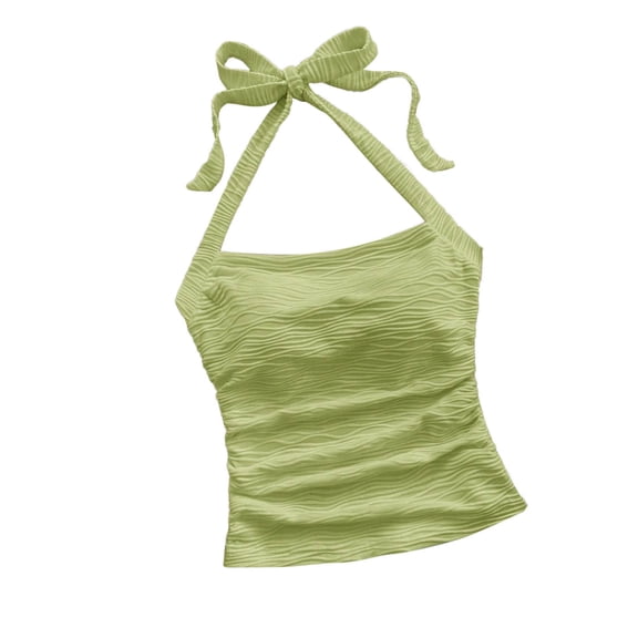 Women's Ruched Halterneck Y2K Crop Tops Tie Back Sleeveless Slim Fit Cami Top Teen Girls Textured Square Neck Shirts