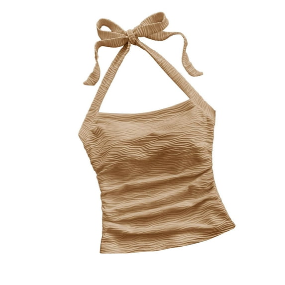 Women's Ruched Halterneck Y2K Crop Tops Tie Back Sleeveless Slim Fit Cami Top Teen Girls Textured Square Neck Shirts