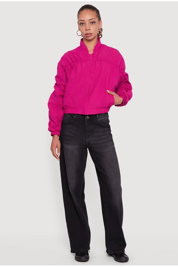 Women's Ruched Long Sleeve Zip Front Windbreaker Jacket