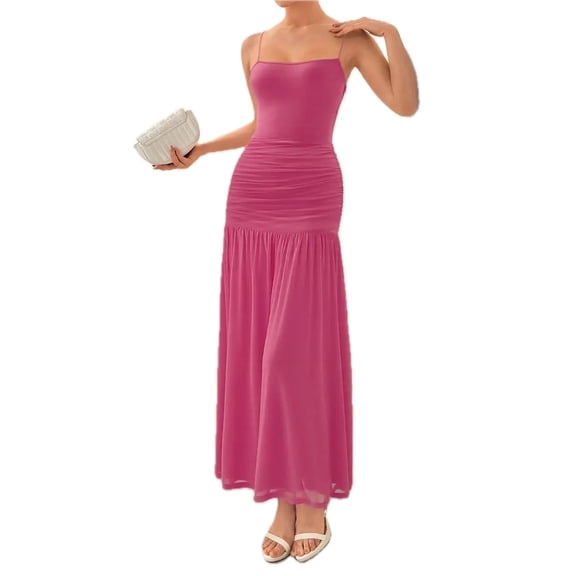 Women's Ruched Maxi Cami Dress with Sheer Overlay and Lined Bodice 95% Polyester 5% Elastane with Flowing Skirt