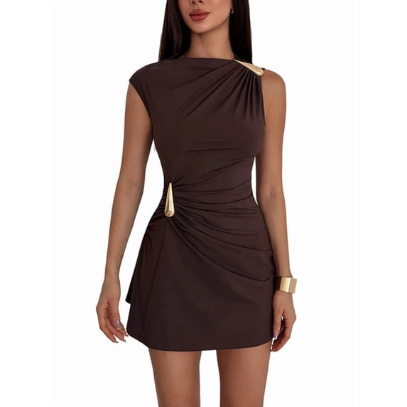 Women's Ruched Mini Dress Sleeveless Going Out Formal Party Bodycon Sun Dresses Brown XXL