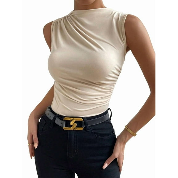 Women's Ruched Mock Neck Tank Top Slim Fit Work Casual Sleeveless Blouse S