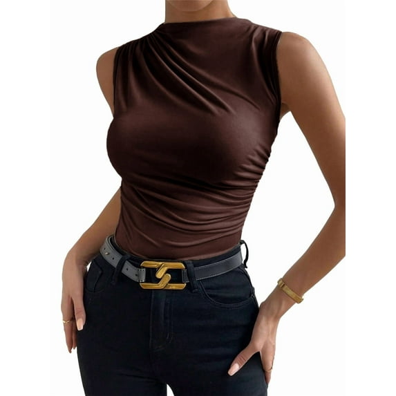 Women'S Casual Ruched Mock Neck Tank Top Sleeveless Slim Fit Work Shirt Tops Brown M