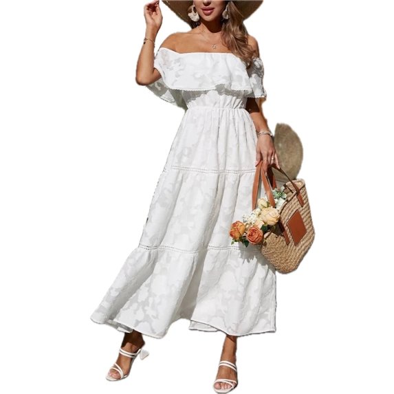 Women's Ruched Off Shoulder Short Sleeve Midi Dress Polyester 100% with Partially Lined Body Comfortable Evening Wear
