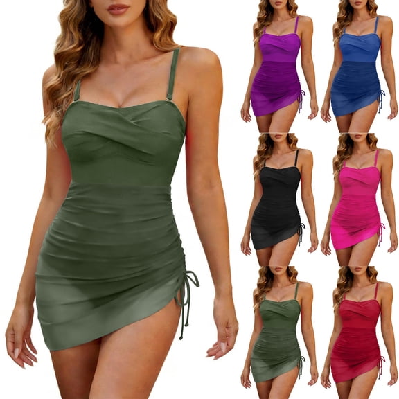 Women's Ruched One Piece Swimsuit Back Lace-up Bathing Suit with Pads Monokini Full Coverage Swimwear