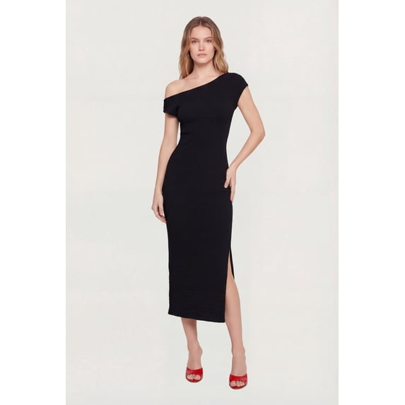 Women's Ruched One Shoulder Textured Knit Midi Dress