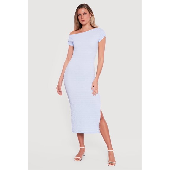 Women's Ruched One Shoulder Textured Knit Midi Dress