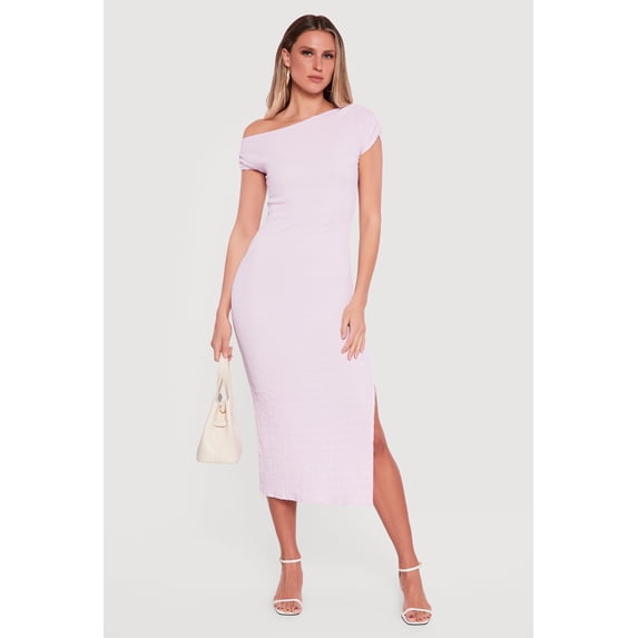 Women's Ruched One Shoulder Textured Knit Midi Dress