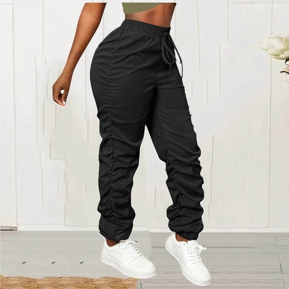 Women's Ruched Pants Drawstring Waist Jogger Long Pants Solid Casual Sweatpants Outdoor Sports Trousers Streetwear Cotton Linen Pants Women Black XL
