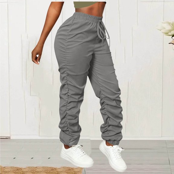 Women's Ruched Pants Drawstring Waist Jogger Long Pants Solid Casual Sweatpants Outdoor Sports Trousers Streetwear Gray S