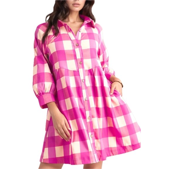 Women's Ruched Plaid Three Quarter Sleeve Shirt Dress Buttoned Sheer Details Everyday Wear 97% polyester 3% elastane