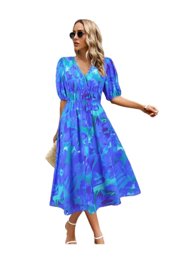 Women's Ruched Printed Surplice Short Sleeve Dress with Sheer Overlay Elegant Front Detail 95% polyester 5% spandex
