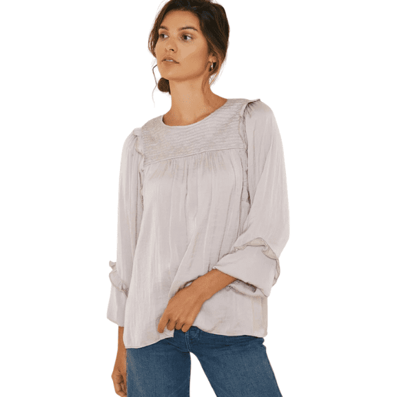Womens Ruched Ruffle Puff Sleeve Blouse Flowing Top Round Neck Size M