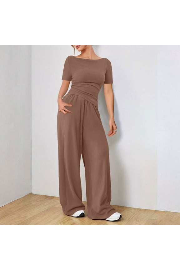 Women's Ruched Short Sleeve Top & Wide Leg Pants 2 Piece Set Khaki XL