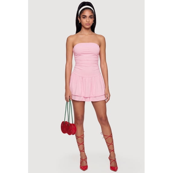 Women's Ruched Side Ruffle Tiered Lined Tube Dress