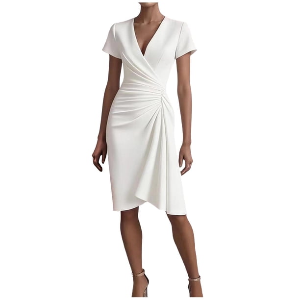 Women's Ruched Side V-Neck Short Sleeve Dress Women's Wrap Ruched Bodycon Cocktail Party Work Dress Summer Formal Dress