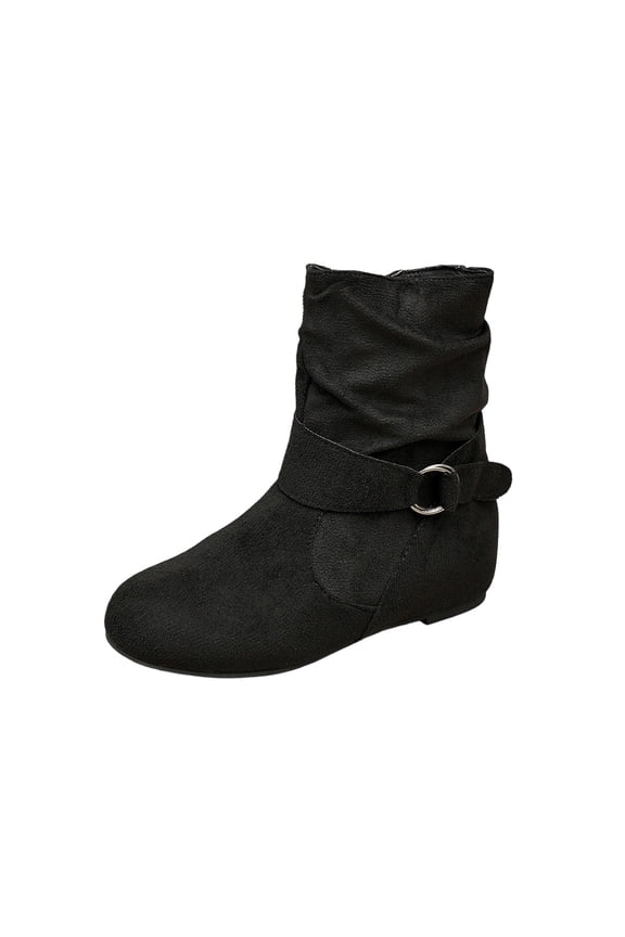 Women’s Ruched Slouch Ankle Boots, Metal Ring Buckle Strap Side Zipper Flat Short Booties, Soft Faux Suede Casual Shoes Black 5.5(36)