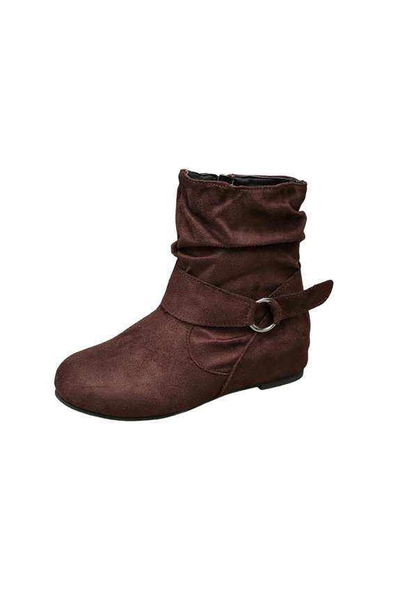Women’s Ruched Slouch Ankle Boots, Metal Ring Buckle Strap Side Zipper Flat Short Booties, Soft Faux Suede Casual Shoes Brown 5.5(36)
