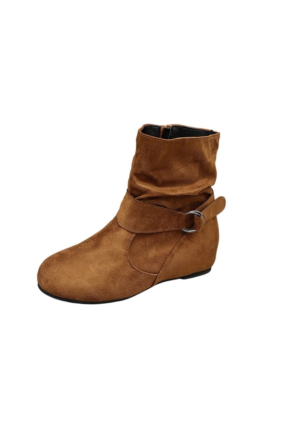 Women’s Ruched Slouch Ankle Boots, Metal Ring Buckle Strap Side Zipper Flat Short Booties, Soft Faux Suede Casual Shoes Coffee 5.5(36)