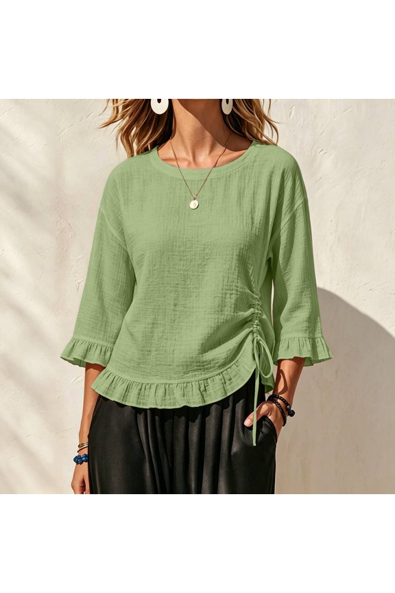 Women's Ruched Summer Blouse, Round Neck 3/4 Ruffle Sleeve Top, Side Drawstring Textured Casual Shirt Green 2Xl