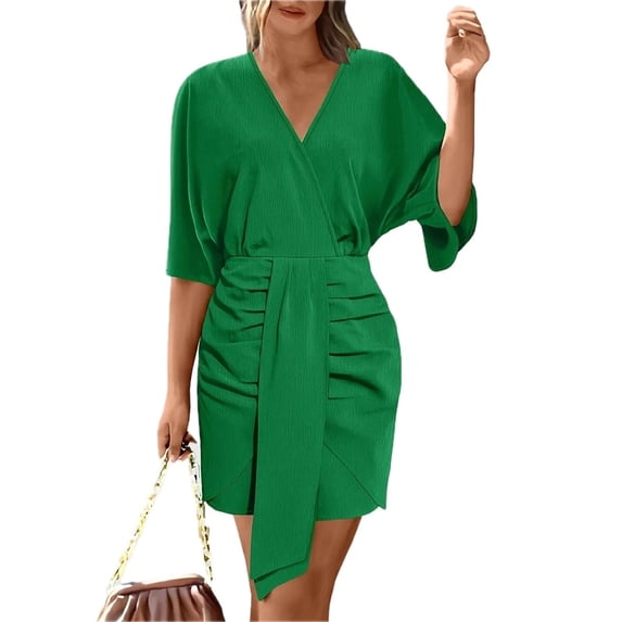 Women's Ruched Surplice Half Sleeve Mini Dress with Flowy Silhouette and Stretch Fabric 95% Polyester 5% Spandex
