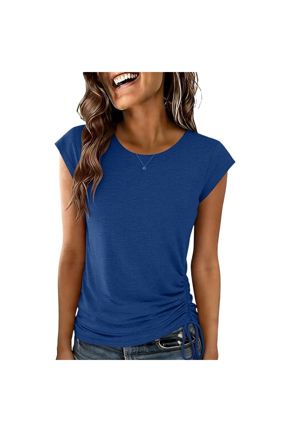 Women's Ruched T-Shirt Crew Neck Side Drawstring Cap Sleeve Solid Color Casual Tops Navy L