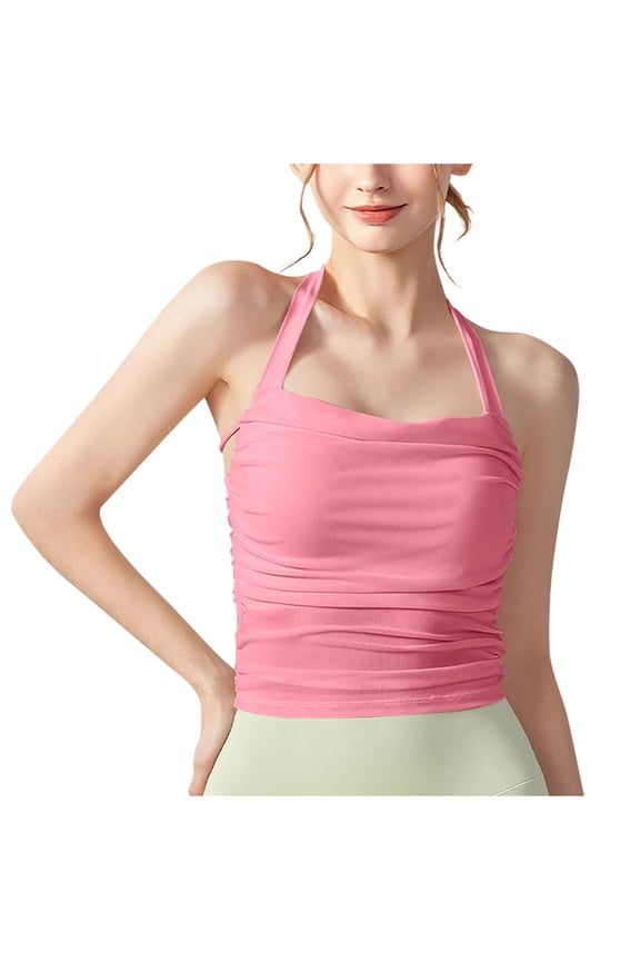 Women's Ruched Tank Tops Halter Backless Vest Tops Tie Back Sleeveless Slim Fit Cami Tops Blue,Size M