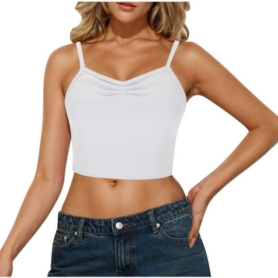 Women's Ruched Tank Tops Sleeveless Halter Neck Spaghetti Strap Summer Shirts Casual Pleated Workout Crop Top