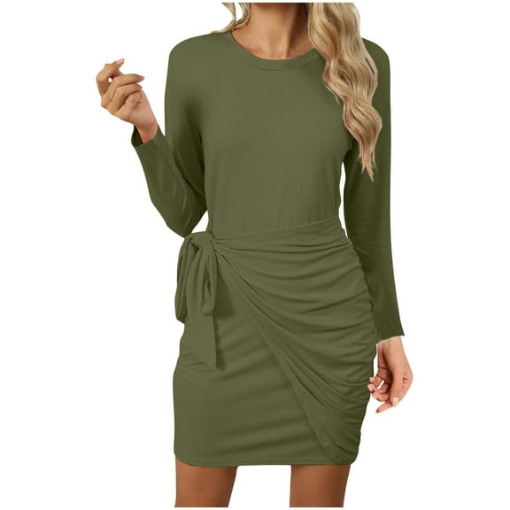 Women's Ruched Tie Mini Bodycon Dress Casual Solid Color Long Sleeve Crew Neck Short Dresses