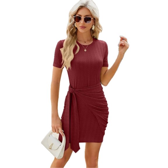 Women's Ruched Tied Round Neck Mini Dress with Sheer Overlay Ravon Polyester Spandex Blend for Party and Evening Wear