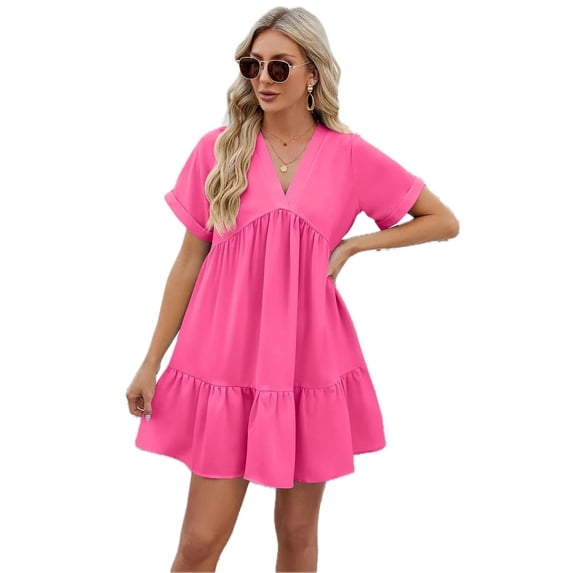 Women's Ruched Tiered V Neck Short Sleeve Mini Dress for Summer Party Look Silhouette Flattering Fit 100% Polyester
