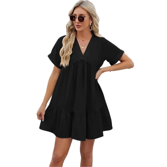 Women's Ruched Tiered V Neck Short Sleeve Mini Dress for Summer Party Look Silhouette Flattering Fit 100% Polyester